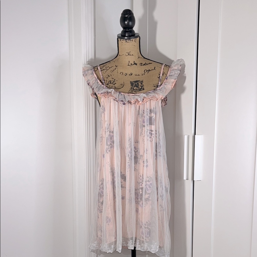 Intimately Free People Peach Floral Tulle Lace Ruffled Dress